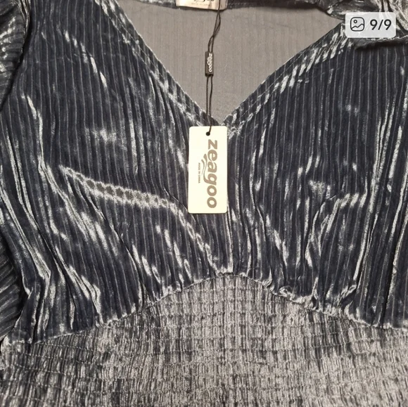 Zeagoo Vevlvet Metallic Light Blue Long Sleeve V neck Mini Dress Smocked Waist - Picture 5 of 9